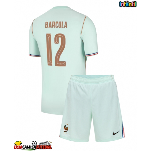 Camisa de Futebol França Bradley Barcola #12 Equipamento Secundário Infantil Mundo 2026 Manga Curta (+ Calças curtas)